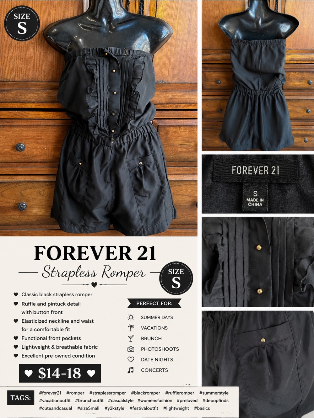 Forever 21 Black Strapless Ruffle Pintuck Romper